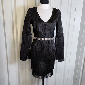 Bella Barnett Elegant Black Fringe Cocktail Party Dress Rhinestone Size Medium